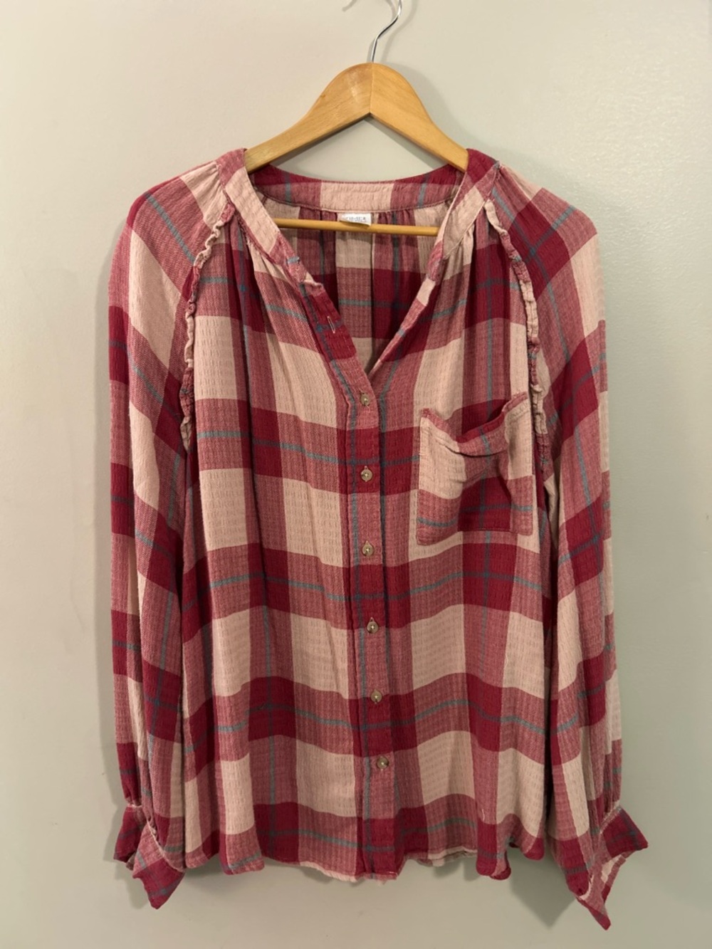 Time and Tru Maternity Pink and Red Plaid Button-Down Shirt